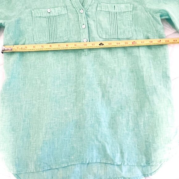 Talbots Linen Cross Dyed Tops Camp Shirt Long Roll Tab Sleeves V-Neckline - Picture 9 of 10